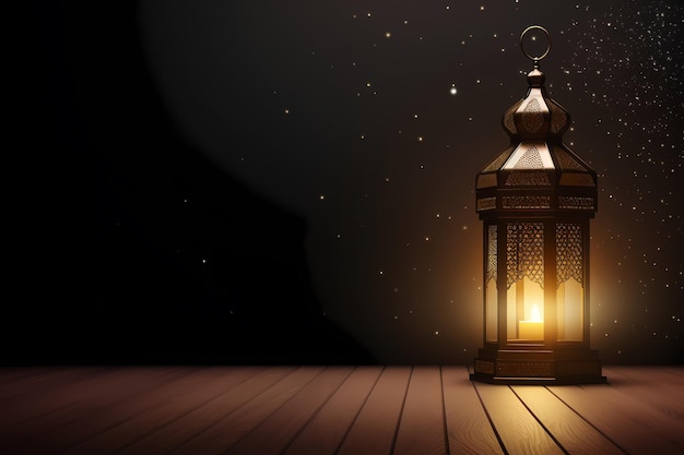 Ilustration lanterna islamica si erge con sfondo ramadhan kareem a lume di candela Generato ai
