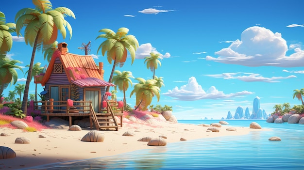 Imaginativo set di spiaggia di cartoni animati 3D con una capricciosa capanna sul mare e palme
