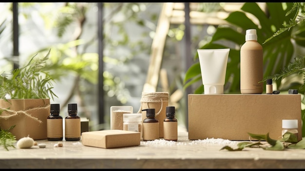 Imballaggi ecologici e piante in vaso esposte su una superficie in legno per una vita sostenibile