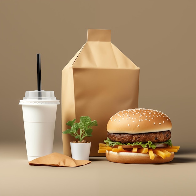 Imballaggio da asporto per hamburger fast food con mockup di soda e patatine fritte