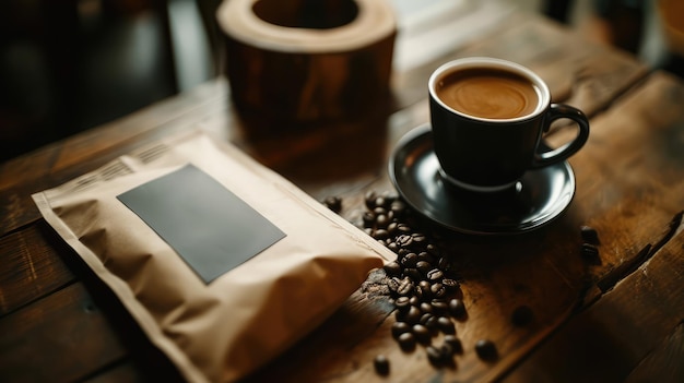 Imballaggio di caffè e una tazza di caffè sul tavolo generato da AI Immagine