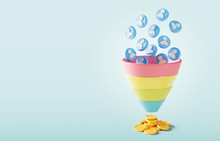 Imbuto di vendita Imbuto di clienti e denaro rendering 3d