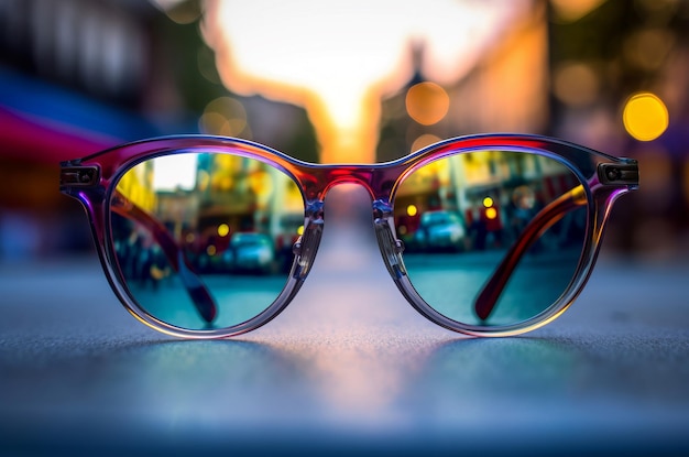 Immagina la natura in occhiali che riflettono la strada della città Stile di cornice oggetto di colore del cielo Generare Ai