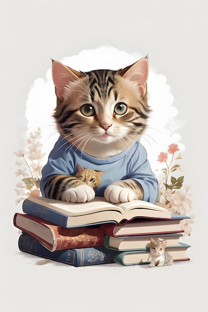 Immagina un gatto accoglientemente annidato in un disegno di maglietta per la lettura di un libro