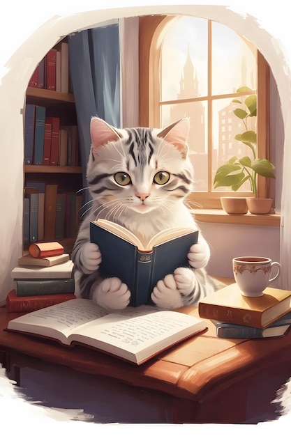 Immagina un gatto accoglientemente annidato in un disegno di maglietta per la lettura di un libro