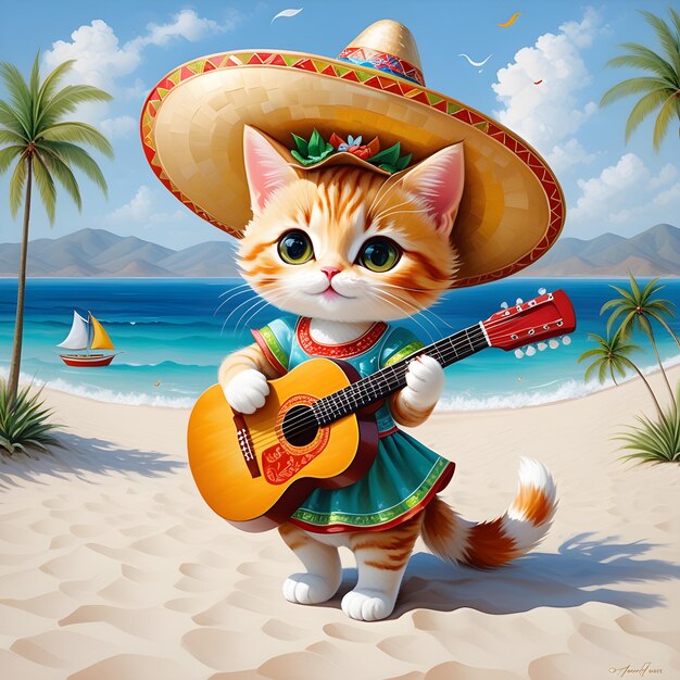 Immagina un gatto fortunato sfacciato e carino che indossa un sombrero e suona la chitarra. Questo è il gioco.