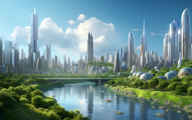 Immagina un paesaggio urbano futuristico con grattacieli