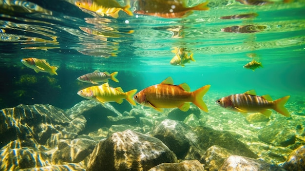 Immagina un ruscello tranquillo dove un branco di pesci scivola attraverso le acque cristalline I loro movimenti aggraziati creano increspature che rispecchiano l'ambiente tranquillo Generato dall'IA