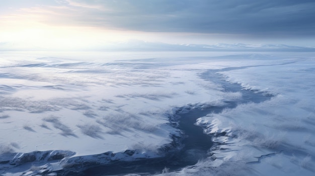 Immaginate un fiume ghiacciato che attraversa una vasta distesa di campi coperti di neve