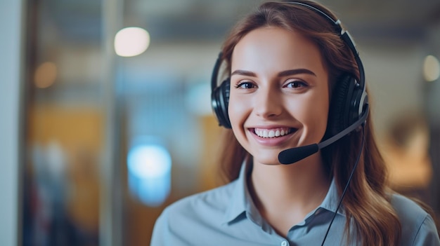 Immaginate una donna sorridente che indossa un auricolare e lavora come rappresentante del servizio clienti GENERATE AI