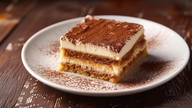 Immaginate una fetta di Tiramisu stratificata con dita di signora espresso e crema di mascarpone spruzzata di polvere di cacao su un piatto di ceramica bianca