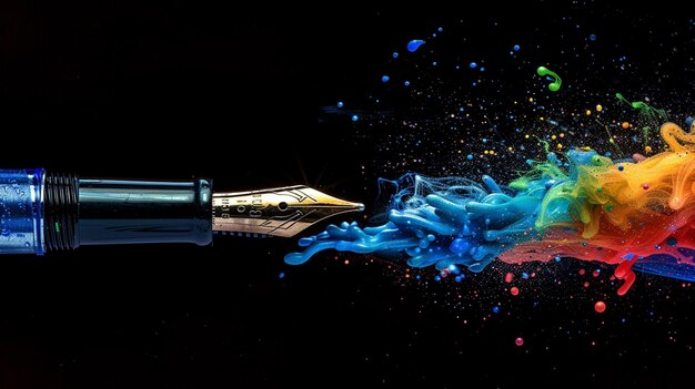 Immaginate una punta di penna stilografica che tocca la carta che esplode in una spruzza dinamica di inchiostro arcobaleno che simboleggia il potere della scrittura ar 169 v 6 Job ID 8602c421843d45e590bbe2491776f27a