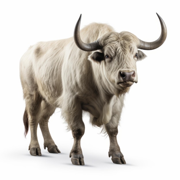 Immaginativa immagine di un toro con maestosi corni su uno sfondo bianco
