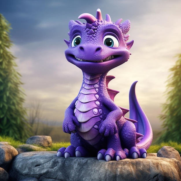 Immagine 3d del drago dei cartoni animati di personaggi viola