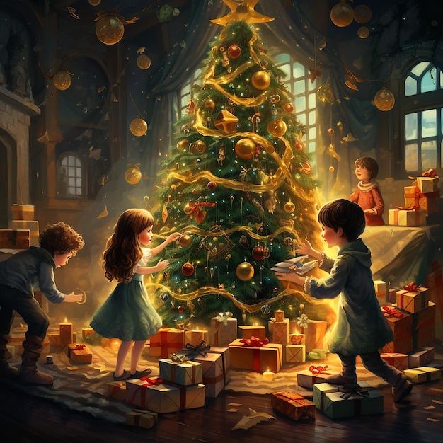 Immagine 3D dell'albero di Natale con bambini che giocano