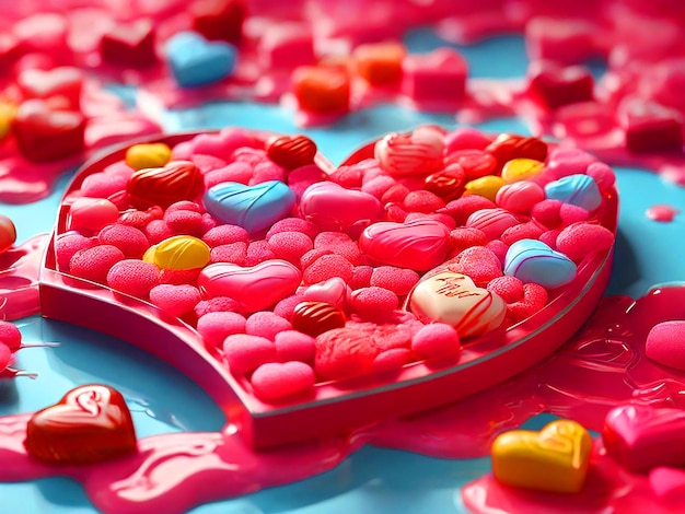 Immagine 3D di caramelle a forma di cuore solo con messaggi adorabili disposti su uno sfondo
