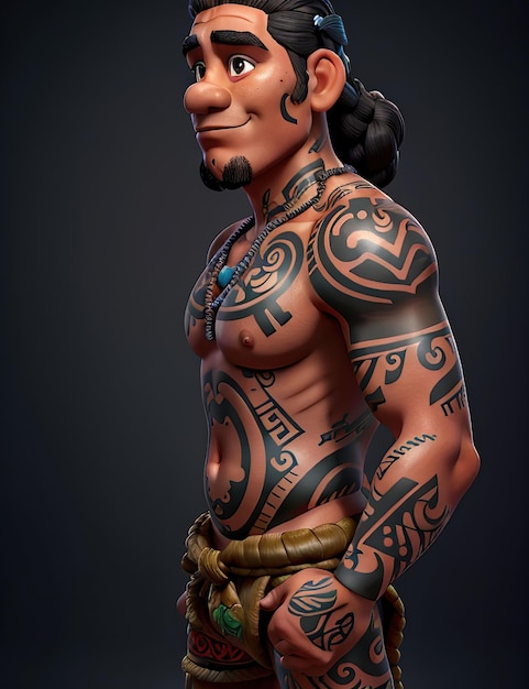 Immagine 3d di un giovane hawaiano con tatuaggi sul corpo Maori