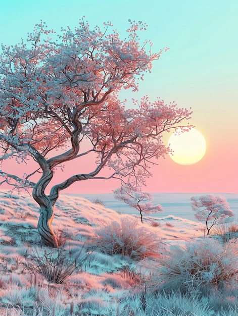 Immagine 3D di un paesaggio arboreo nel campo con alberi