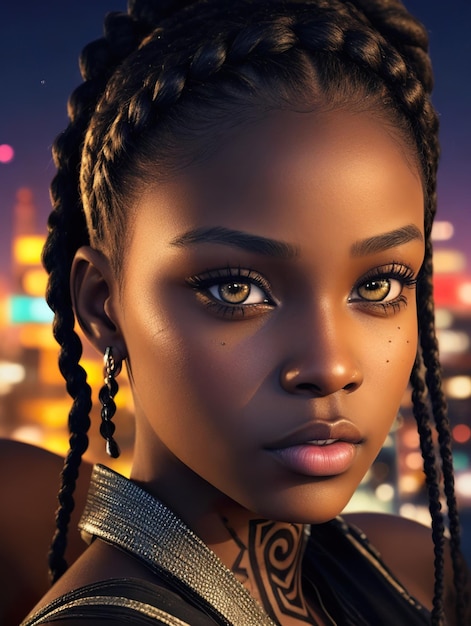 Immagine 3D di una bellissima ragazza nera di 18 anni che indossa lunghe trecce nei capelli e un perfetto fratello leggero