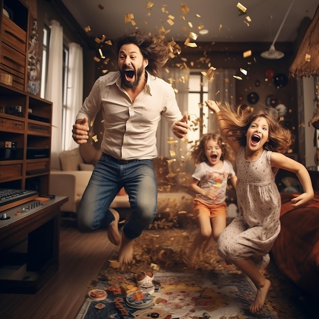 Immagine 3D di una famiglia felice che si diverte a casa