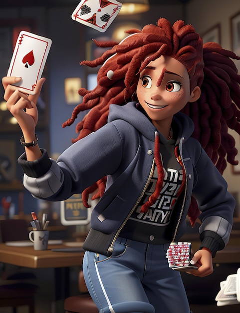 Immagine 3d di una giovane donna dai capelli rossi che indossa abiti streetwear con i dreadlocks che gioca a carte da gioco