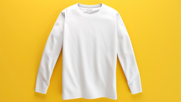Immagine 3D realistica di una semplice maglietta bianca a maniche lunghe vista laterale su sfondo giallo