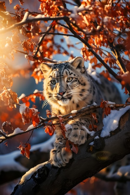 Immagine a bassa angolazione di un leopardo delle nevi che osserva da un ramo di albero creato con la tecnologia Generative AI