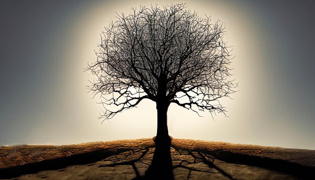 Immagine a chiave bassa di un albero senza foglie illuminato da dietro dal sole generativo Ai