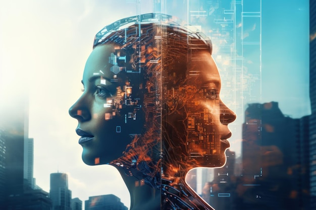 immagine a doppia esposizione del concetto di tecnologia AI virtuale umana e di intelligenza artificiale