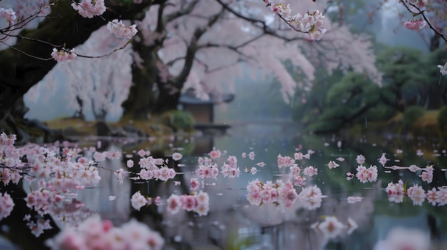 Immagine a fuoco morbido di petali di fiori di ciliegio che galleggiano su uno stagno immobile con uno sfondo sfocato di un tradizionale giardino giapponese con una pagoda in lontananza