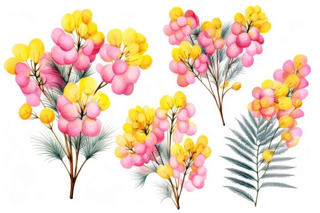 Immagine ad acquerello di un insieme di fiori di mimosa su sfondo bianco