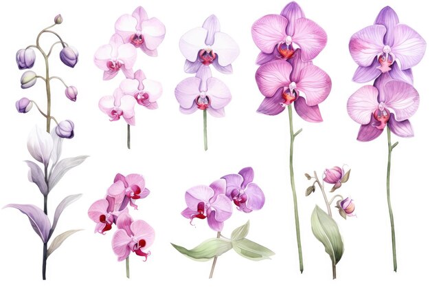 Immagine ad acquerello di un insieme di fiori di orchidea su sfondo bianco