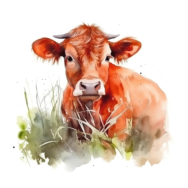 Immagine ad acquerello di una mucca marrone nell'erba isolata su uno sfondo bianco generato ai