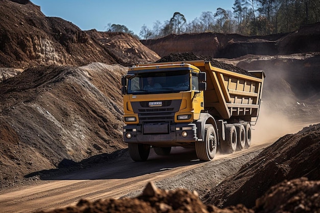 Immagine ad alta angolazione di un camion di scarico che scarica la ghiaia in un cantiere stradale