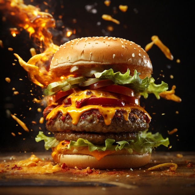 Immagine ad alta definizione 4K con effetto esplosione che espone un hamburger al formaggio zinger caldo e piccante