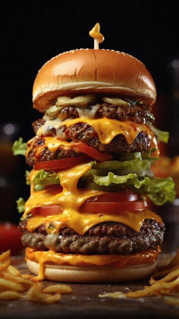 Immagine ad alta definizione 4K con un hamburger al formaggio zinger caricato