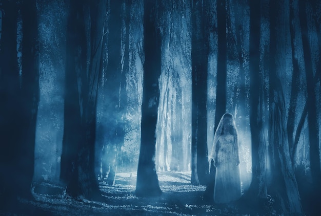 Immagine ad alto contrasto di un fantasma spaventoso nel bosco