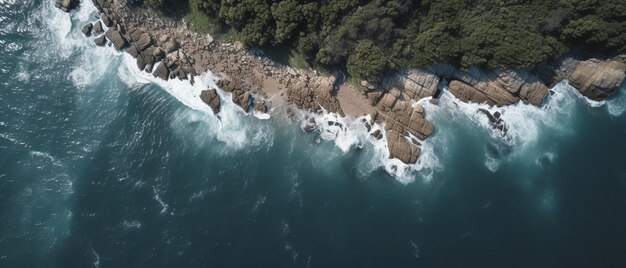 Immagine aerea della spiaggia e della costa vista dall'alto della spiaggia roccia e mare con le onde d'acqua estate
