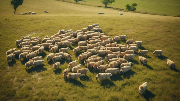 Immagine aerea di un gregge di pecore su un prato verde generato dall'AI