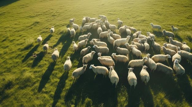 Immagine aerea di un gregge di pecore su un prato verde generato dall'AI