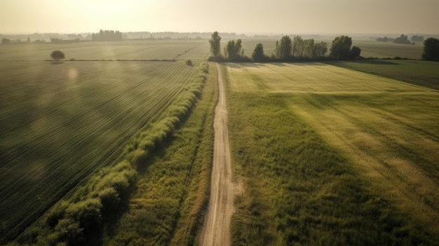 Immagine aerea di una strada sterrata vicino a una fattoria Generata dall'intelligenza artificiale