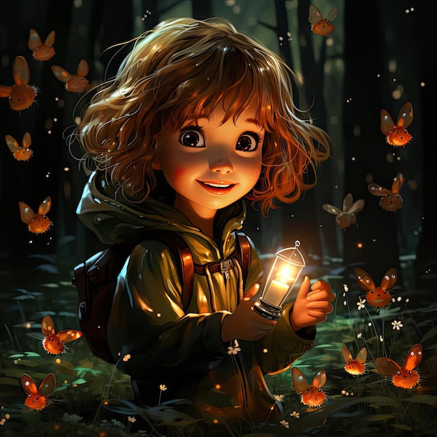 Immagine affascinante di una bambina con farfalle e una torcia elettrica