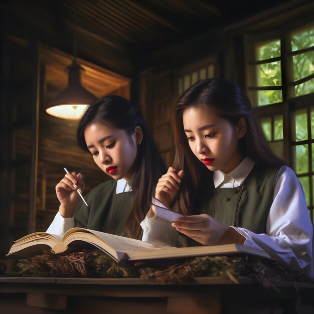Immagine affascinanti di ragazze delle scuole elementari asiatiche impegnate nello studio con un bellissimo sfondo