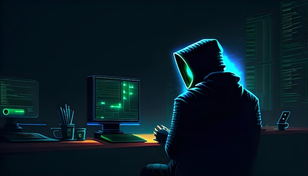 Immagine AI dell'hacker del crimine informatico che, stagliato e mascherato, irrompe nel sistema informatico