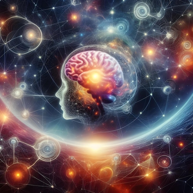 Immagine AI dell'interconnessione del corpo, della mente e dell'anima, del mondo spirituale infinito.