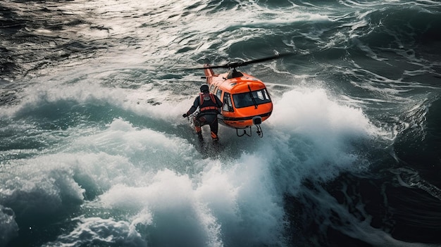 Immagine ai generata dall'elicottero con un nuotatore di sopravvivenza appeso fuori