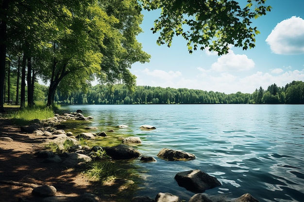 Immagine AI generativa del paesaggio naturale lacustre con alberi verdi in una giornata di sole