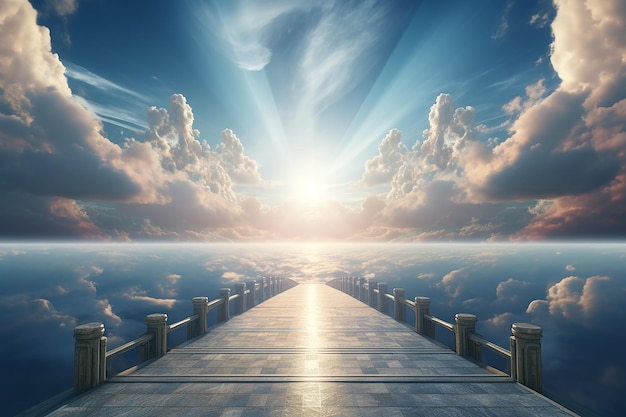 Immagine AI generativa del ponte verso il cielo con luce intensa tra le nuvole