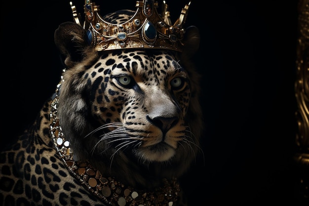 Immagine AI generativa del Re Leopardo che indossa una corona d'oro su uno sfondo scuro