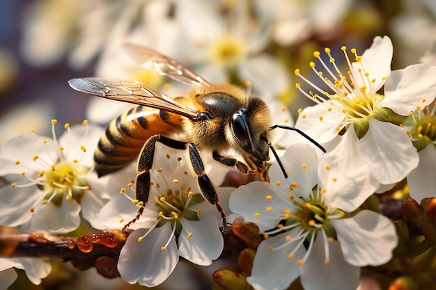 Immagine AI generativa dell'insetto dell'ape mellifera appollaiato su un fiore bianco in una giornata luminosa